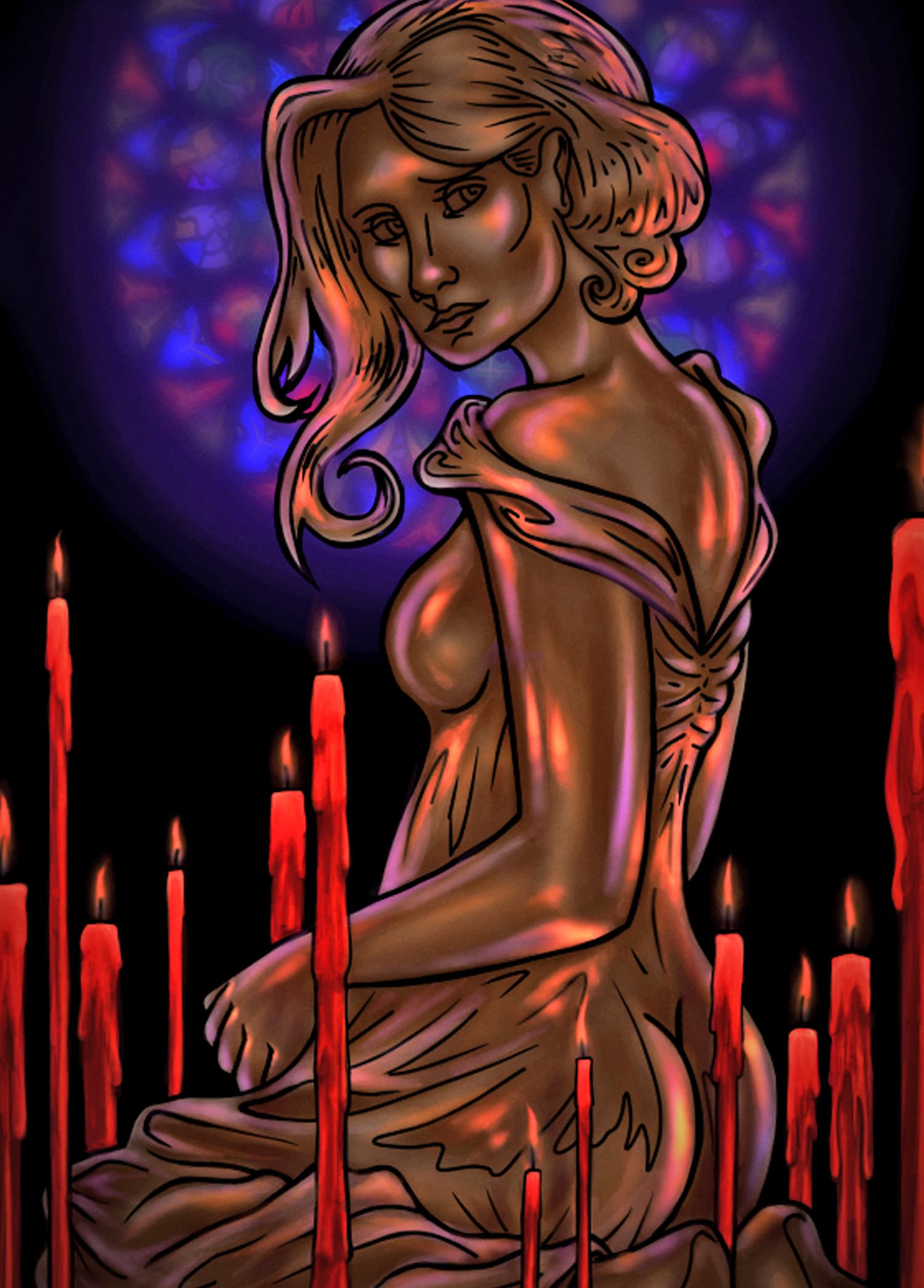 Illustration présentant une statue dorée dans un décor gothique sombre