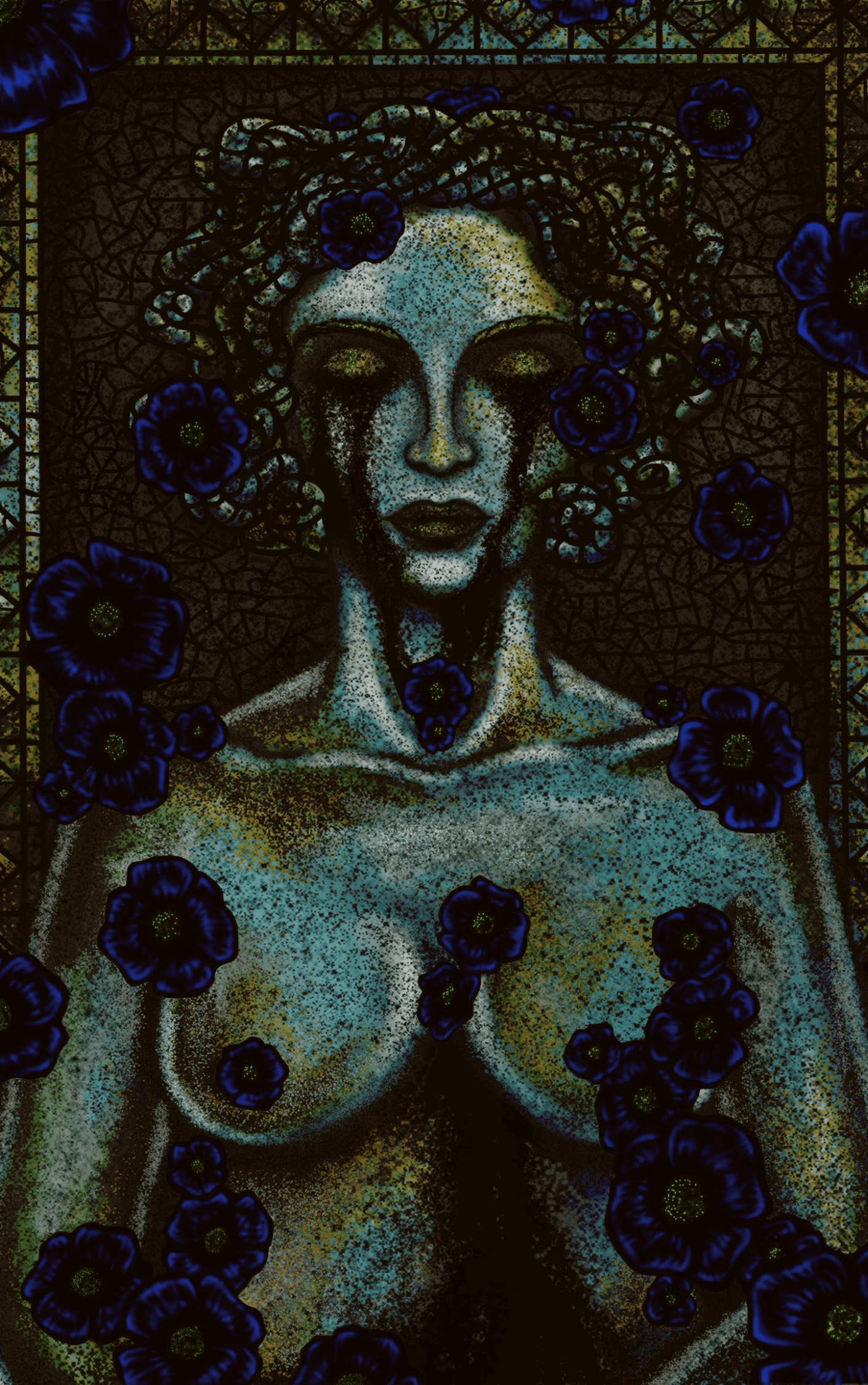 Illustration par Manon Segur présentant une statue de granit recouverte de fleurs bleues