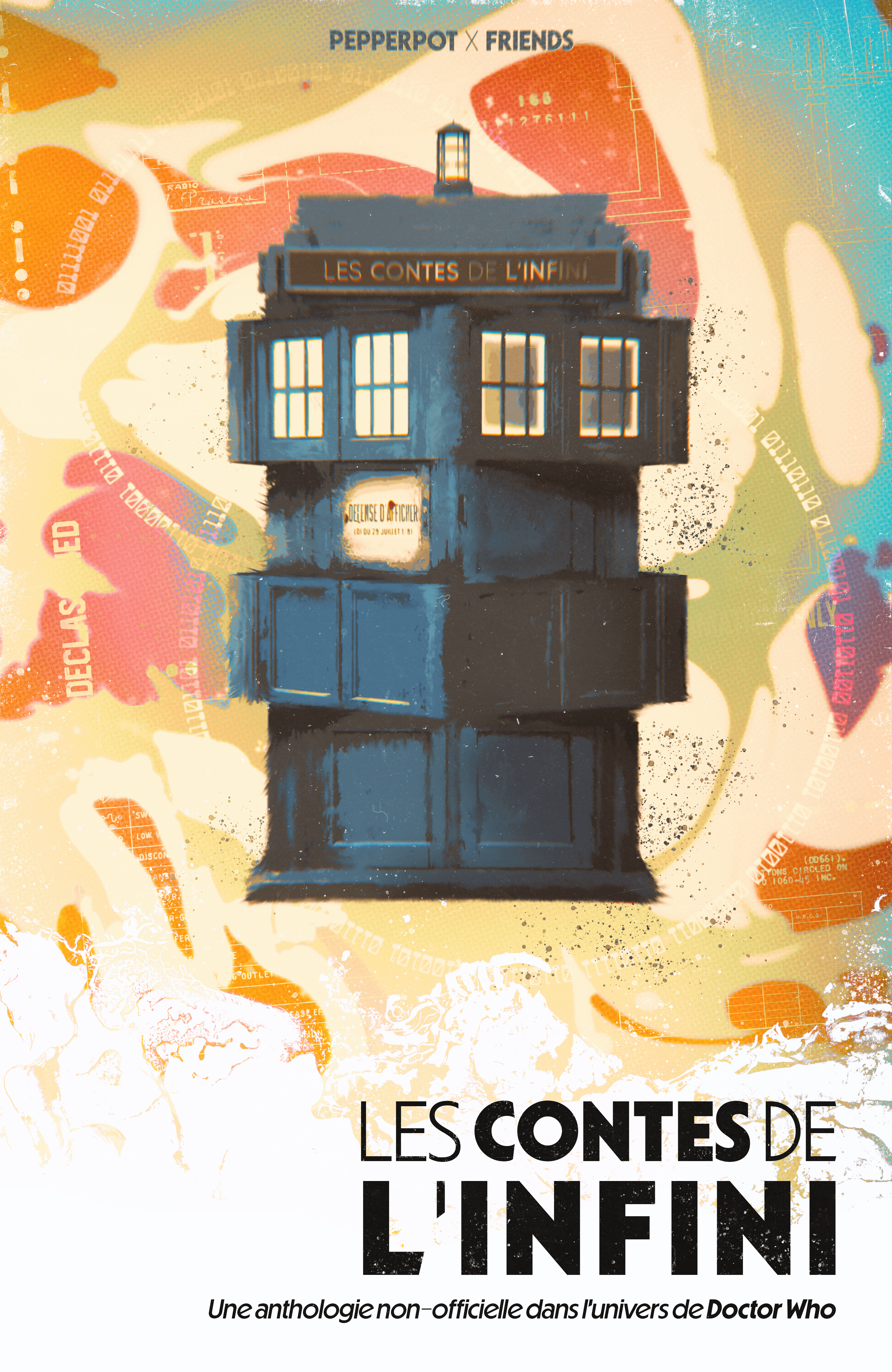 Couverture du recueil Les contes de l'infini par Rémi Germain. L'image présente un Tardis déformé dans des motifs psychédéliques colorés