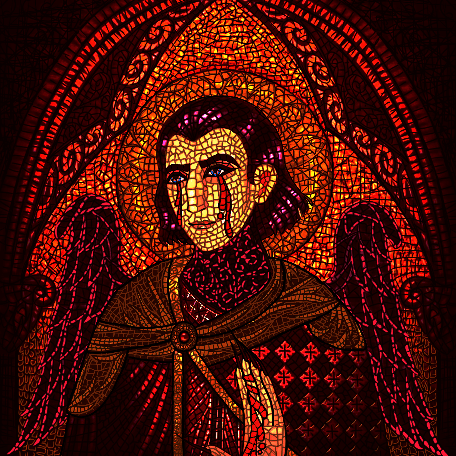 Illustration par Manon Segur. L’image présente un ange brun pleurant des larmes de sang sous forme de fausse mosaïque médiévale.